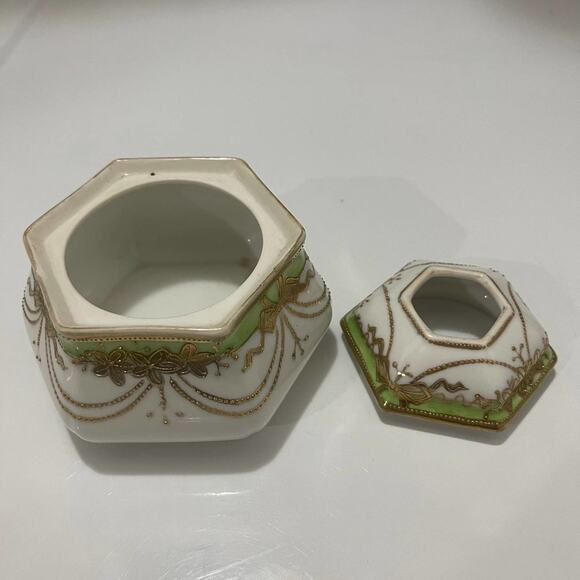 NIPPON Moriage Beading Vintage Hair Receiver Green Gold Hand Painted - Picture 6 of 8